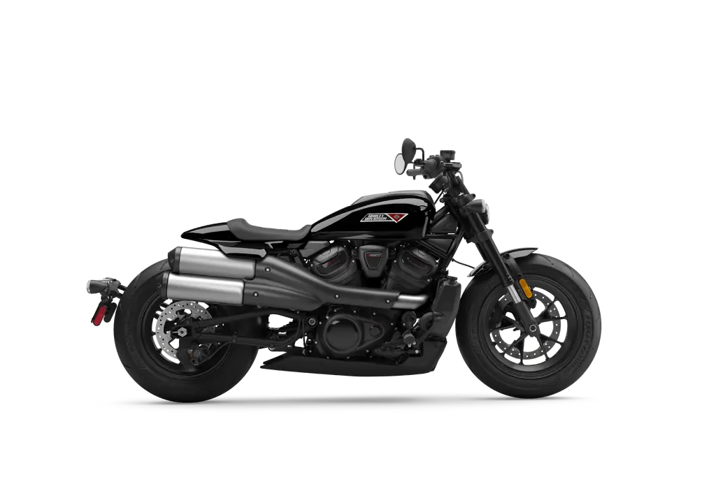 Ansicht von rechts einer schwarzen Harley-Davidson Sportster S von 2025 mit hochgelegtem Auspuff.