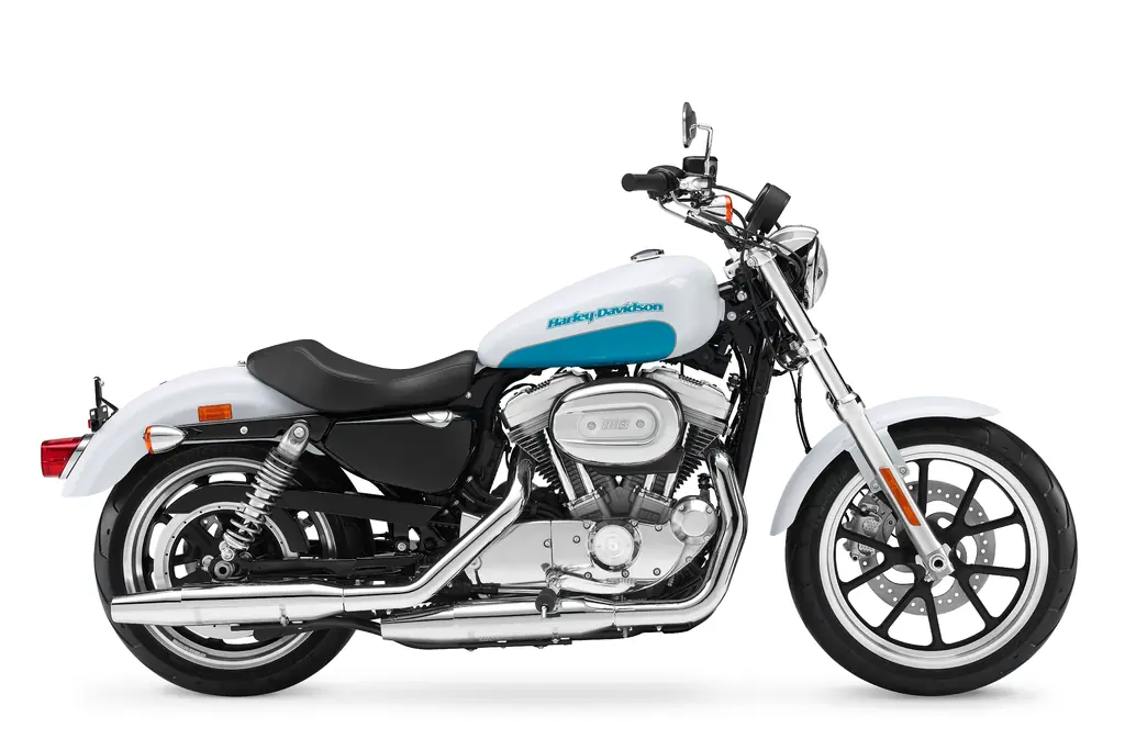 Ansicht von rechts einer weiß-blauen Harley-Davidson Sportster SuperLow von 2017 mit Gussrädern.